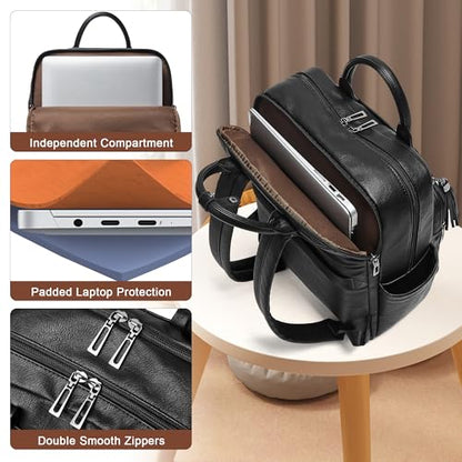Shrrie Laptop Backpack for Women 15.6 inch Travel Leather Backpack Purse Work Computer Backpacks for Business College Black - color: Black