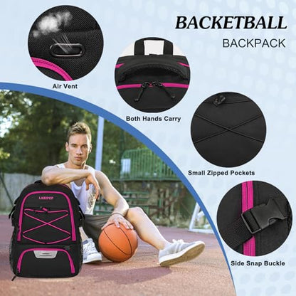 LARIPOP Basketball Backpack Large Basketball Bag with Ball Holder & Shoe Compartment for Adults Men Women - color: Rose Red