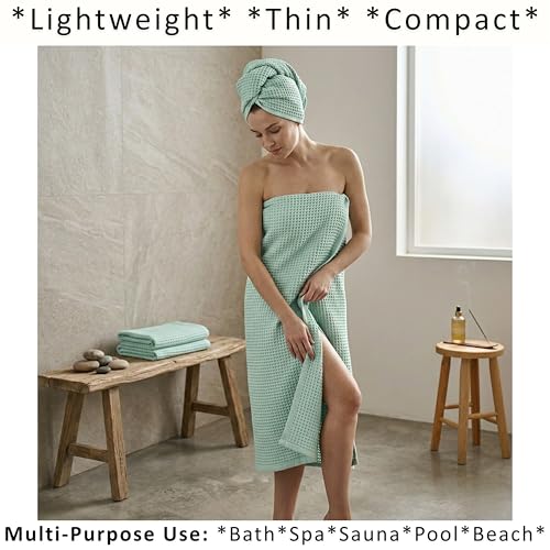 PÜSKÜL Natural 100% Turkish Cotton Waffle Bath Towels Set of 2-Piece | 32x63 inch Extra Large Absorbent Quick-Dry Lightweight Spa Towel | Luxury Sauna Accessories (Ice Green Bath Towels - Pack of 2) - color: Ice Green