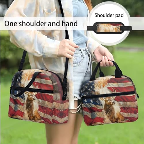 3 in 1 School Backpack, 3PCS American Flag Elk Kids Bookbag Set Large Capacity 17 Inch Student Backpack with Lunch Box and Pencil Case - color: American Flag Elk