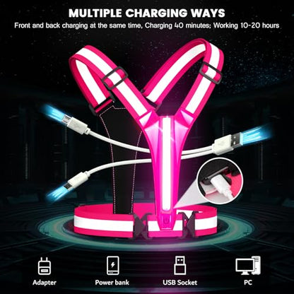 Fokia Kunbio LED Reflective Running Vest Gear,Light Up Vest Runners Night Walking USB Rechargeable,Up to 11hrs Light with Adjustable Waist/Shoulder for Women Men Kids - color: Pink