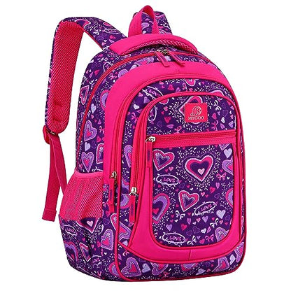 MYGOO Girls School Backpack Vineyard Heart Purple Bookbag for Elementary Middle School Ages 5-12, 17 inch Large Capacity 24L Kids Student Travel Bags - color: Vineyard Heart Purple