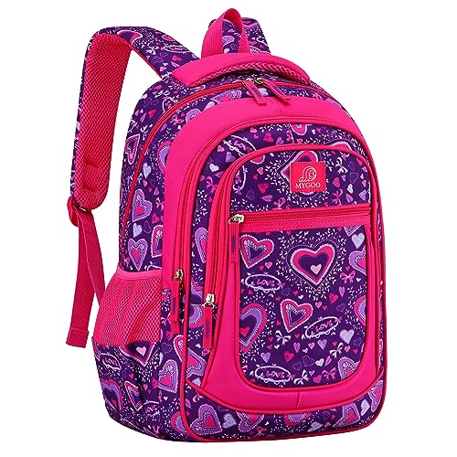 MYGOO Girls School Backpack Vineyard Heart Purple Bookbag for Elementary Middle School Ages 5-12, 17 inch Large Capacity 24L Kids Student Travel Bags - color: Vineyard Heart Purple