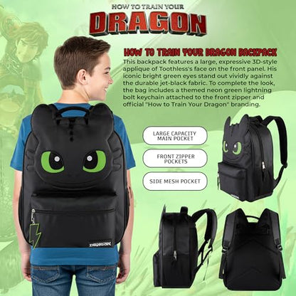 AI ACCESSORY INNOVATIONS How to Train Your Dragon Toothless Backpack, Black 16 Inch School Bag with 3D Face Applique, Green Eyes, Lightning Bolt Keychain, for Boys and Girls - style: Toothless