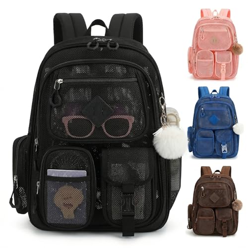 Mesh Backpack Heavy Duty, Semi-Transparent Bag for Women Girls Boys Adults, Large Capacity Bookbag with Padded Straps for School Beach Swimming Sports Travel Work-Black - color: Black