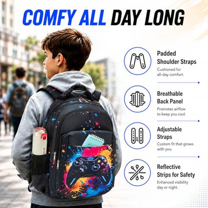 LEDAOU Girls Boys Backpack with Lunch Box, 3-Piece School Bookbag Set - color: Graffiti Game Console