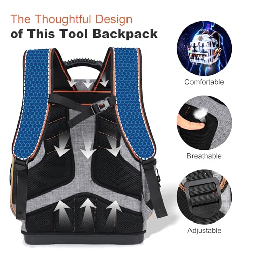 Tool Bag Backpack - Heavy Duty Tool Backpack, HVAC Tool Backpack Bag Organizer, Electrician Tool Bag with Laptop Compartment, Waterproof Molded Base, Combination lock & Durable 1680D - Gray