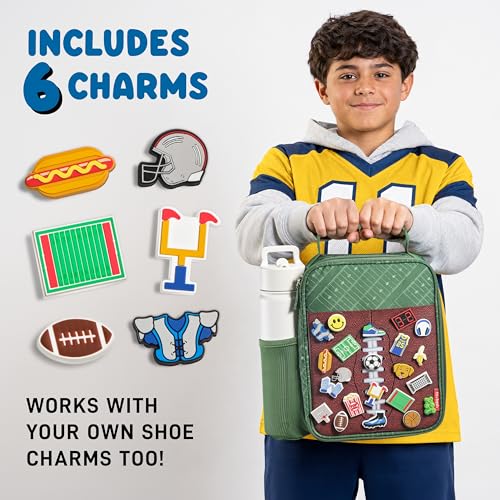 Fit & Fresh Customizable Charm Lunch Bag for Boys & Girls, Football Kids Lunch Box with 6 Sports Charms, Premium Insulated Reusable Lunch Tote for School - color: Green Football