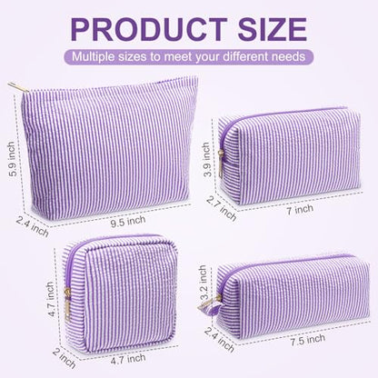 Sanwuta 4 Pcs Seersucker Pouch Cosmetic Bag Set Seersucker Makeup Bag Women Stripe Large Travel Toiletry Organizer Aesthetic Preppy Storage for Embroidery Women Bridesmaid Gifts(Purple) - color: Purple