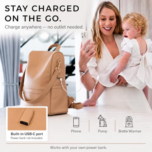 MIA + SOPHIA Leather Diaper Bag Backpack with USB Charging port, Changing Pad and Stroller Straps (Brown Mia) - color: Brown