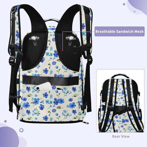 Travel Backpack with Shoe Compartment, 20L Large Capacity Laptop Backpack for Men Women, Blue Flowers Daypack for Traveling Hiking Carry On