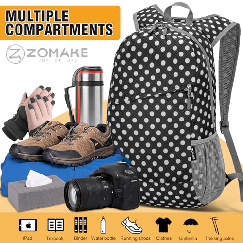 ZOMAKE Lightweight Packable Backpack 20L,Foldable Backpacks Small Daypack for Hiking Water Resistant Day Bag for Travel(Black, White Polka Dot) - color: Black, White Polka Dot