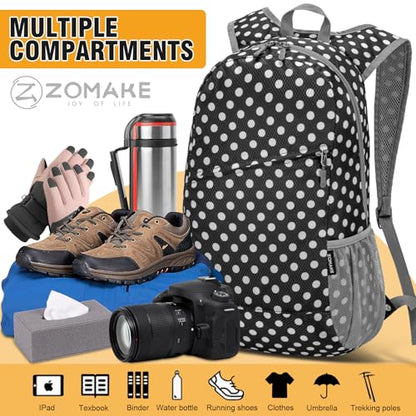 ZOMAKE Lightweight Packable Backpack 20L,Foldable Backpacks Small Daypack for Hiking Water Resistant Day Bag for Travel(Black, White Polka Dot) - color: Black, White Polka Dot