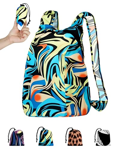 Pocket-Sized Hiking Daypack, Fashion patterns Lightweight 2.8oz, Water resistant Backpack for Women Men Camping (Blue&Green swirl) - style: Blue&green Swirl