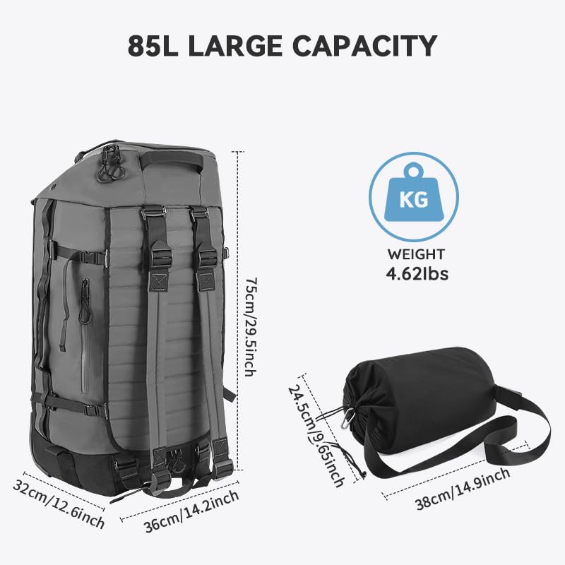 85L 29“ Foldable Rolling Backpack with Wheels, Soft-side Travel Duffle Bag with Separate Shoe Compartment, Full Quilted Bottom, Grey - color: Grey