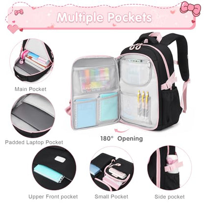 ACESAK Girls Backpack - 3PCS Backpack for Girls Cute School Backpacks for Girl Kindergarten Elementary Preschool Middle Kids School Bags with Lunch Box Pencil Case Set (Black Pink) - color: Black Pink