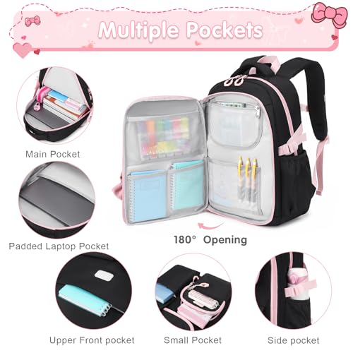 ACESAK Girls Backpack - 3PCS Backpack for Girls Cute School Backpacks for Girl Kindergarten Elementary Preschool Middle Kids School Bags with Lunch Box Pencil Case Set (Black Pink) - color: Black Pink