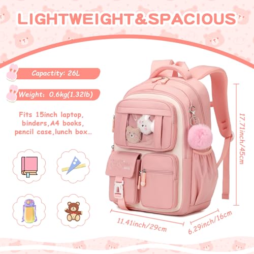 PIG PIG GIRL Kids Backpack for Girls School Bags for Middle School Students Book Bag for Elementary Primary Kawaii Ita Backpack, Pink and Beige - color: Pink and Beige
