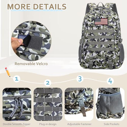 Camo Tactical Backpack for Boys - Waterproof 19'' Kids Bookbag with 15.6" Laptop Compartment, MOLLE System School Bag for Camping Hiking Travel - color: Camo Backpack Single Pack 2