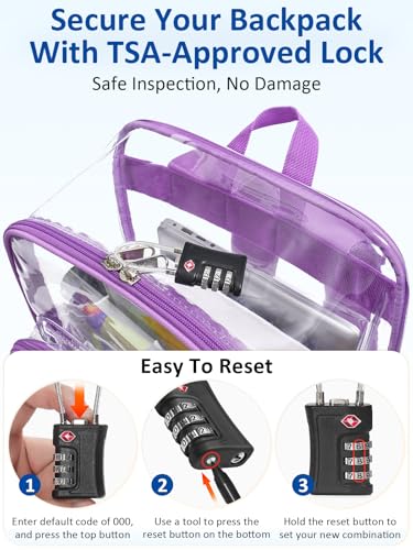 Extra Large Clear Backpack with TSA Lock, Heavy Duty Transparent See Through Clear Bookbag for College, Work, Travel, Casual Sport, Purple - color: Purple