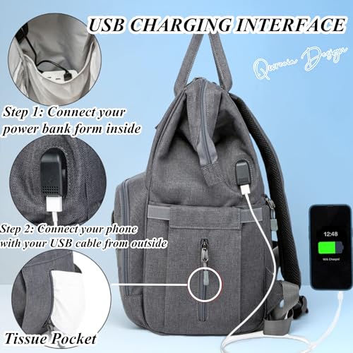 Diaper Bag Backpack for Dad and Mom with USB Charging Port Stroller Straps and Insulated Pocket,army military Travel Nappy Backpack (Dark Grey) - color: Black-grey
