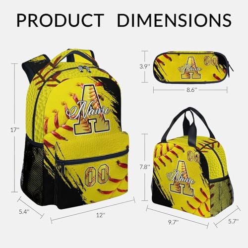 Mercuryelf Personalized Softball Backpack Set for Girls - Custom Kids Monogram School Bookbag for Players/Travel with Lunch Box - color: Yellow