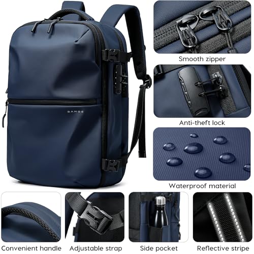 BANGE Travel Backpack with Vacuum Pocket and TSA lock version can hold 15.6 inch Laptop suitable Overnight Flight Approved Anti-theft Bag - color: Blue With Air Pump