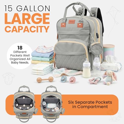 Diaper Bag Backpack with Changing Station | 600D Oxford Waterproof Baby Bag for Mom & Dad | Large Baby Diaper Bag Boy Girl | 16 Pockets, USB Charging Port, Foldable Pad - color: Grey