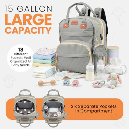 Diaper Bag Backpack with Changing Station | 600D Oxford Waterproof Baby Bag for Mom & Dad | Large Baby Diaper Bag Boy Girl | 16 Pockets, USB Charging Port, Foldable Pad - color: Grey