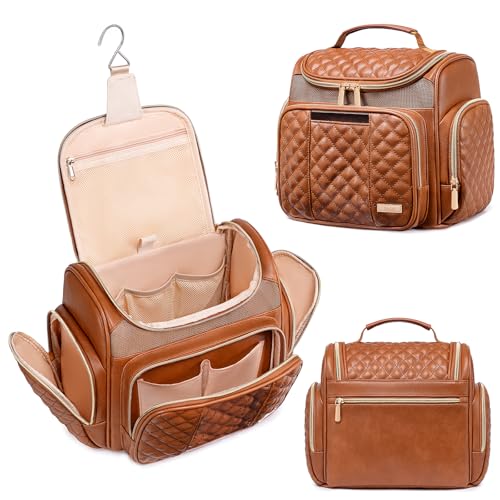 Large Leather Toiletry Bag for Women Men,Bathroom Bag,Water Resistant Shower Bag,Makeup Bag,Portable Shower Caddy for College Dorm,Hanging Travel Toiletry Bag with Transparent Waterproof Phone Pocket - color: Brown Leather-1