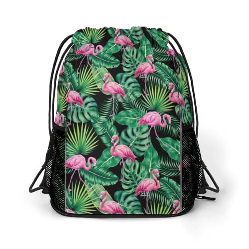 Tropical Flamingos Drawstring Backpack Gym Bag With Shoe Compartment String Bag Sport Beach Swimming Sackpack For Women Men - color: Tropical Flamingos