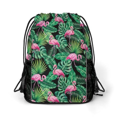 Tropical Flamingos Drawstring Backpack Gym Bag With Shoe Compartment String Bag Sport Beach Swimming Sackpack For Women Men - color: Tropical Flamingos