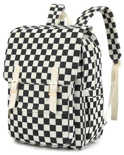 Corduroy Laptop Backpack for Women, Fits 15.6 Inch Computer Bag, College High School Bookbag Travel Daypack Purse, Work Business Bags - Corduroy Checkered Black - color: Corduroy Checkered Black