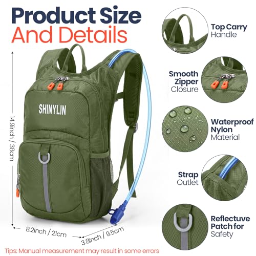 Shinylin 2 Pcs Kids Hydration Backpack with 1.5L Water Bladder Lightweight Kids Hiking Backpack Water Rucksack for Boys Girls Climbing Running - color: Khaki,Olive Green, style: Classic