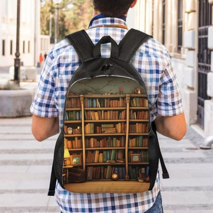 Retro Bookshelf Laptop Backpack for Men Women College Backpacks Water-resistant Lightweight Travel Bag Business Rucksack Large Capacity Hiking Daypack Bookbag Gift