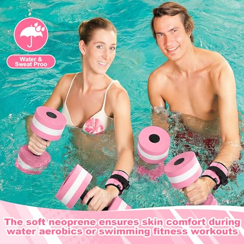Hollowfly Water Aerobics Set, 4 Piece Pool Exercise Kit (2 Aquatic Dumbbells + 2 Ankle/wrist Weights), EVA Foam, Low-impact Workout - color: Pink, size: 1lb