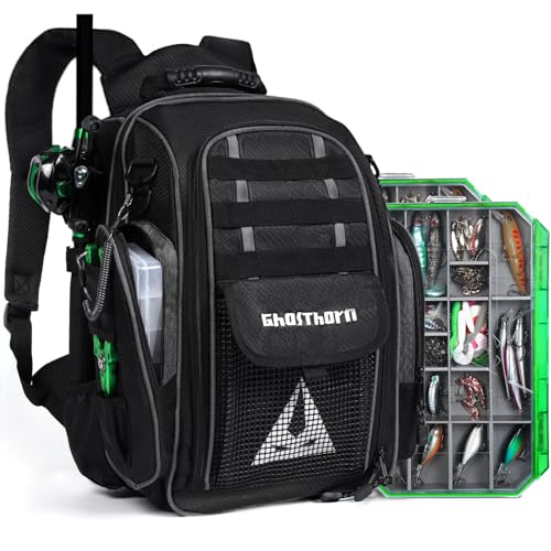 Ghosthorn Fishing Backpack 2 * 3700 Tackle Boxes 40L Waterproof Tackle Backpack with Rod Holders Large Outdoor Storage Tackle Bag for Fishing Men Women - color: With 3700*2 Black (40l)