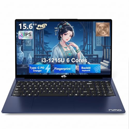 NIMO 15.6" FHD IPS Laptop, Intel Core i3-1215U (Beats i5-1135G7 Class), 16GB RAM, 512GB SSD, Windows 11 Home, Wi-Fi 6, Backlit Keyboard, Fingerprint, USB-C 65W Fast Charge, Bluetooth 5.2, 180° View - color: Blue, style: 16GB RAM | 512GB SSD