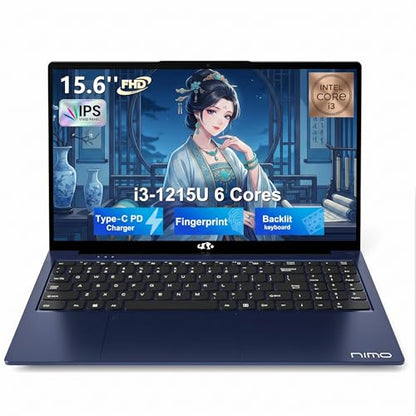 NIMO 15.6" FHD IPS Laptop, Intel Core i3-1215U (Beats i5-1135G7 Class), 16GB RAM, 512GB SSD, Windows 11 Home, Wi-Fi 6, Backlit Keyboard, Fingerprint, USB-C 65W Fast Charge, Bluetooth 5.2, 180° View - color: Blue, style: 16GB RAM | 512GB SSD