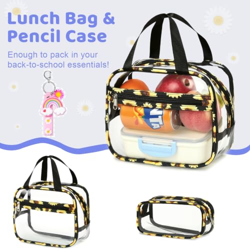 ACESAK Clear Backpack for Girls - 3 Pcs Clear Backpack Heavy Duty with Lunch Bag - See Through Bookbag Stadium Approved for Kids Middle High College School(Black Daisy) - color: Black Daisy