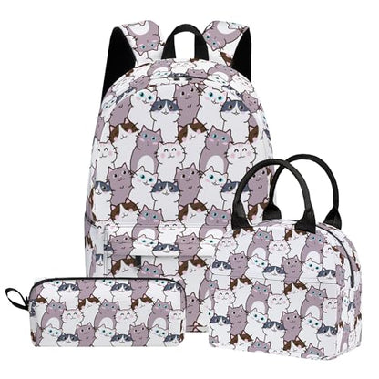 Cat Cute 3PCS Backpack Set for Teens Elementary Middle High School, 17 Inch Lightweight Classic Backpack 3 in 1 Set for Girls Boys, Kids Back to School Backpack with Lunch Box Pencil Case - color: Cat
