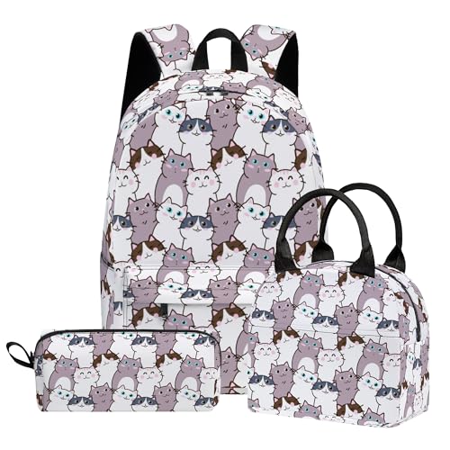 Cat Cute 3PCS Backpack Set for Teens Elementary Middle High School, 17 Inch Lightweight Classic Backpack 3 in 1 Set for Girls Boys, Kids Back to School Backpack with Lunch Box Pencil Case - color: Cat