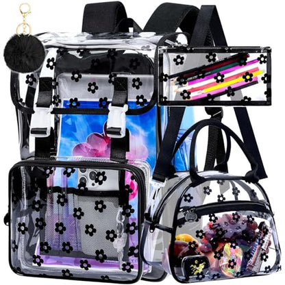 3Pcs Clear Backpack for Girls, School Kids Transparent Bookbag Set, 17" Stadium Approved See Through Backpack with Lunch Box (Black) - color: Plum Blossom Black