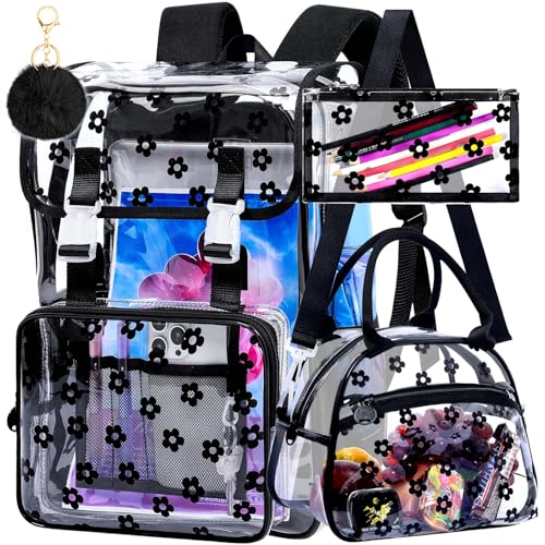 3Pcs Clear Backpack for Girls, School Kids Transparent Bookbag Set, 17" Stadium Approved See Through Backpack with Lunch Box (Black) - color: Plum Blossom Black