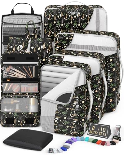 8 Set Packing Cubes for Travel, Gifts for Women Mom,Anti-Tearing Suitcase Organizer,OlarHike Vacation Essentials & Accessories for Cruise Ship - color: 14 Black Flower