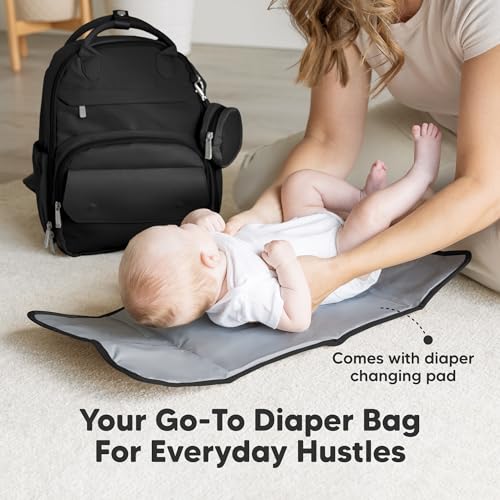KeaBabies Diaper Bag Backpack - Small Multifunctional Travel Diaper Back Packs, Maternity Baby Changing Bags, 12L Capacity, PU Leather, Waterproof, Unisex, Nappy Changing Pad (Trendy Black, Small) - color: Trendy Black, style: Small / 13" H