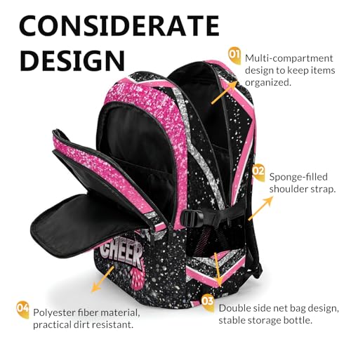Custom Cheer Backpack with Initial, Glitter Cheerleading Backpack for Girls Cheerleader Gifts 17 Inch Bookbag for Elementary Middle School Travel - color: Pink