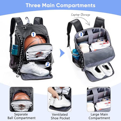 Basketball Bag Backpack with Ball Compartment & Shoe Pocket – Gym Bag for Basketball, Soccer, Football, Volleyball – Large Capacity Athletic Backpack for Youth & Adults, Basketball Gifts - color: Black
