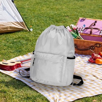 Waterproof Drawstring Bag, Lightweight String Backpack with Water Bottle Holder and Pockets, Gym Sports Cinch Sackpack (Grey) - color: Grey