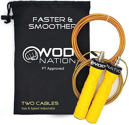 WOD Nation Attack Speed Jump Rope : Adjustable Jumping Ropes : Unique Two Cable Skipping Workout System : One Thick and One Light 11 Foot Cable : Perfect for Double Unders : Men and Women - color: Yellow